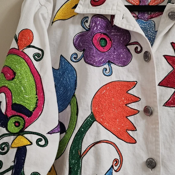 Vintage S Collection DenimJacket Heavily Embroidered Birds Floral FolkArt Medium - Picture 4 of 8